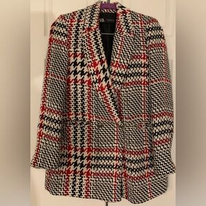 Zara Women's Red Black and White Houndstooth Double Breasted 3/4 Length Coat